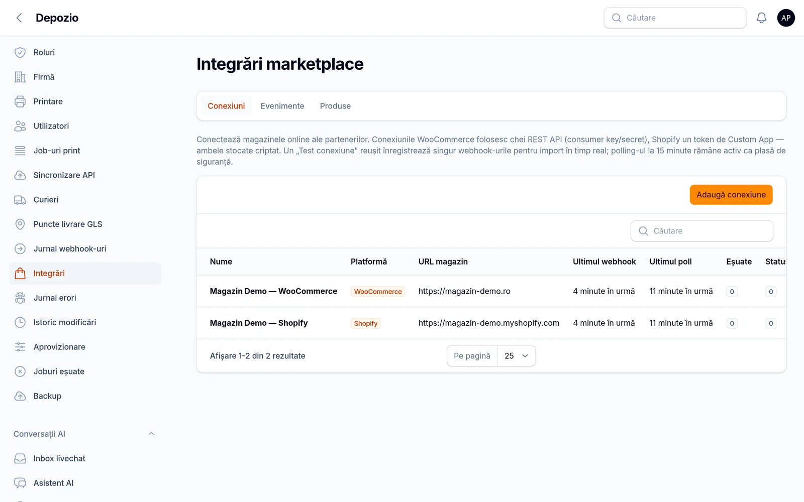 Ecranul de integrări marketplace din Depozio: conexiuni WooCommerce și Shopify, cu URL-ul magazinului, momentul ultimului webhook, al ultimului poll și numărul de erori.