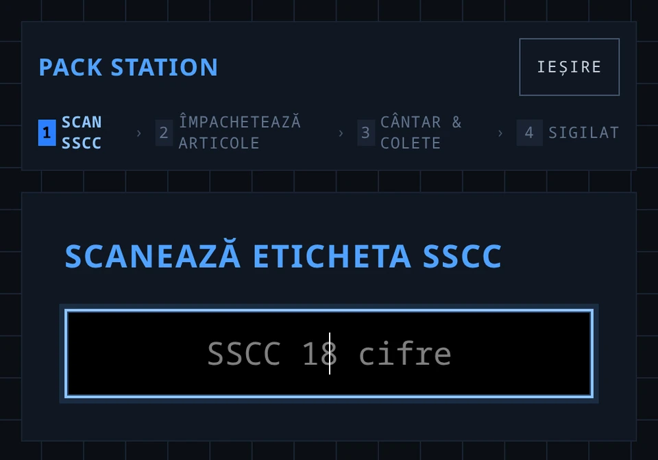 Stația de ambalare din Depozio, cu cei patru pași — scanare SSCC, împachetează articole, cântar și colete, sigilat — și câmpul de scanare activ.