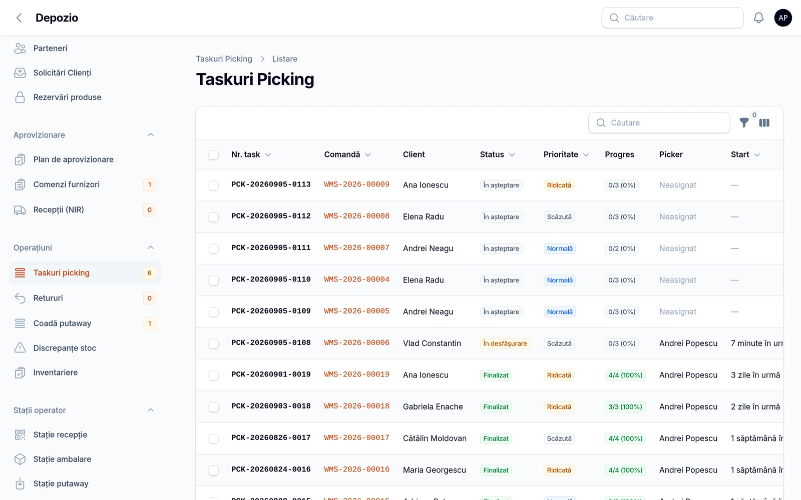 Lista de taskuri de picking din Depozio, cu numărul task-ului, comanda, clientul, statusul, prioritatea, progresul pe linii și pickerul asignat.